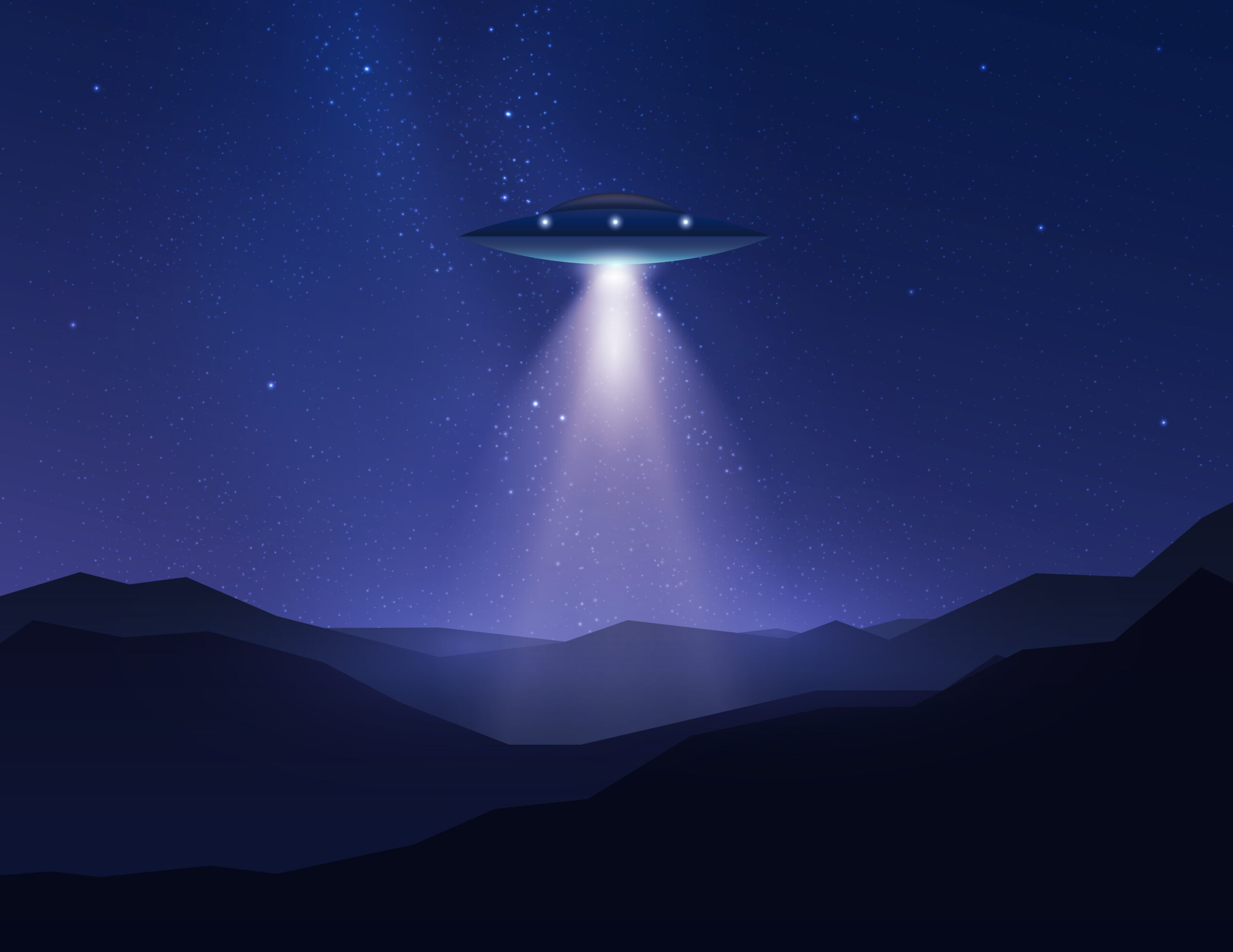 A UFO (or UAP) sending a laser beam towards a dark planet