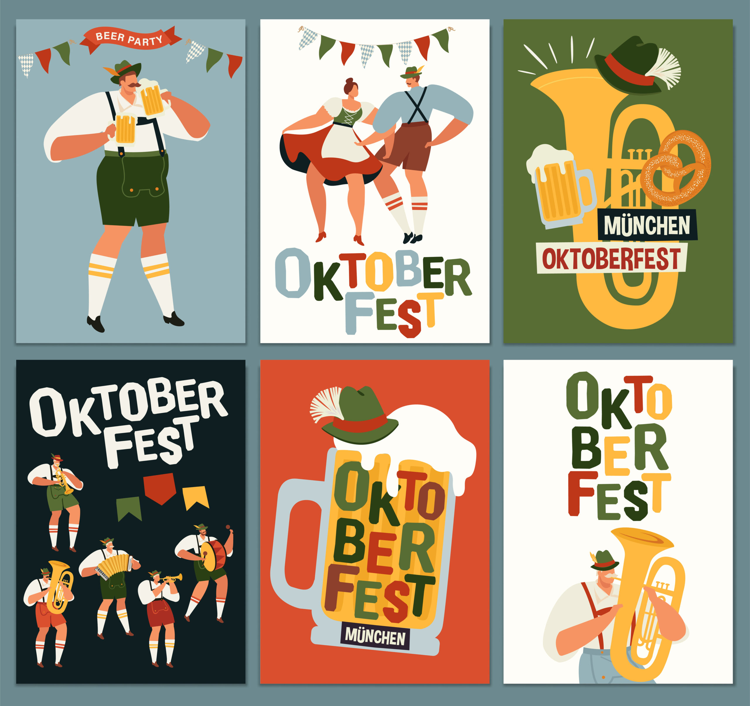 Graphic of six Oktoberfest scenes, including a man in lederhosen, a beer, a tub holding a beer and people dancing